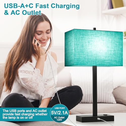 Lynnoland 21" Set of 2 Table lamp with USB A+C & AC Outlets, Touch Control 3-Way Dimmable Nightstand Lamps for Bedroom Living Room Office Reading, Green Shade Touch Lamps, 5000K LED Bulbs Included - color: (2 Pack)Green Linen & Matte Black (Base)-5000K Bu