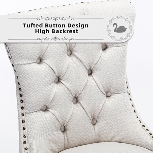 Linen Upholstered Dining Chairs Set of 2, Modern Style Kitchen Side Chairs with Nailhead Trim and Wood Leg, Metal Pulling Ring for Dining Room Living Room(Beige,Set of 2) - color: Beige-linen, size: Set of 2