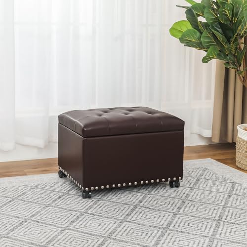 Leather Storage Ottoman with 360° Caster Wheels 24" Foot Rest Bench Rectangle Ottomans Stool for Living Room Bedroom (Brown, Wheels) - color: Brown With Casters