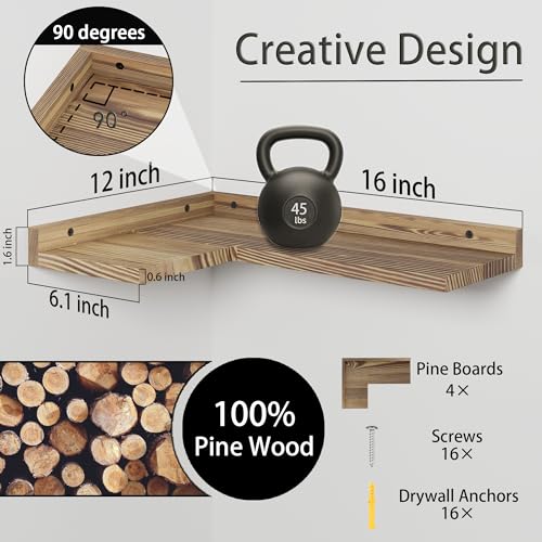 4 Tier Floating Corner Shelves Set of 4, Rustic Pine Wood Floating Corner Wall Shelf for Wall Décor Storage, L Shaped Corner Shelf Wall Mount for Bedroom,Living Room,Bathroom,Kitchen,Carbonized Black. - color: Light Carbonized Black Corner Shelves