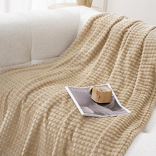 Puncuntex Fleece Throw Blanket Khaki 50"×60" with Square Grid Design | Super Soft Plush Cozy Flannel Throw Blanket Luxury for Couch Sofa Chair - color: Khaki, size: 50"×60"