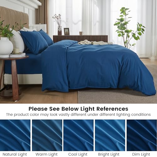 BISELINA French Linen Duvet Cover Set 3pcs with Hidden Zipper Closure Natural Flax Cotton Blend Solid Color Soft Breathable Luxury Farmhouse Bedding - Full Size, Navy Blue - color: Navy Blue, size: Full