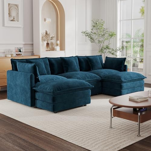Modular Sectional Sofa, 111.5 Inch U Shaped Couch Set for Living Room, 3-Seater Comfy Cloud Couches with Movable Ottoman, DIY Combination, Chenille, Blue - color: Blue, size: 111.5 Inch- U