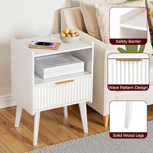 MAHANCRIS White Nightstand with Charging Station, Modern Bedside Table with Drawer and Storage Shelf, End Side Table with Solid Wood Legs, Night Stand, Living Room, Bedroom, Small Space, ETWT61E01N1 - color: White