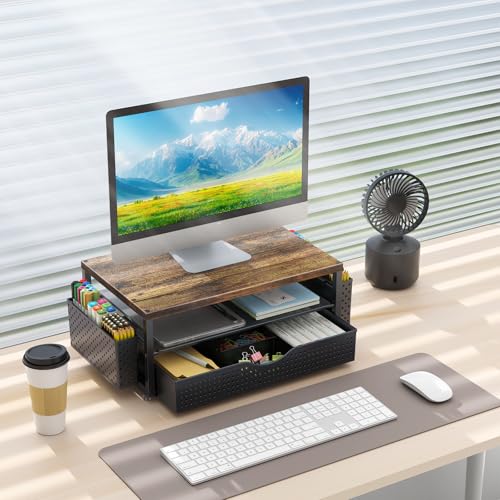 gianotter Desk Organizers and Accessories, Monitor Stand with Drawer and 2 Pen Holder, Desktop Organizer Suitable for Offices and Dormitories (Wood-Plain) - color: Wood-Plain
