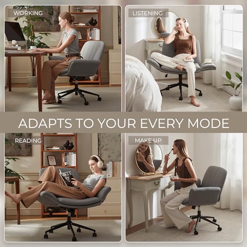 Dowinx Criss Cross Chair with Five-Level Adjustable Arms and Wheels - Comfortable Ergonomic PU Leather Swivel Vanity Chair - Computer Makeup Gaming Chair for Home Office,Bedroom,Vanity Room-Light Grey - color: Light Grey