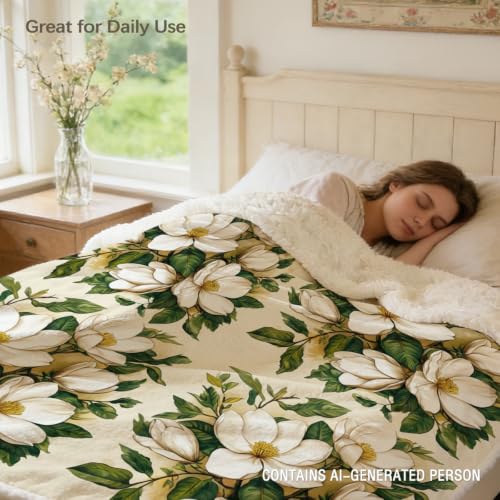 MILANKET Magnolia Floral Sherpa Blanket Inches Cozy Blanket Botanical | Sherpa; Soft; Reversible; Bedroom; Magnolia Floral Sherpa Blanket Inches Cozy; Botanical; Throw; for; Women; Ultra; Fuzzy - color: Magnolia Floral, size: Twin(60"x80")