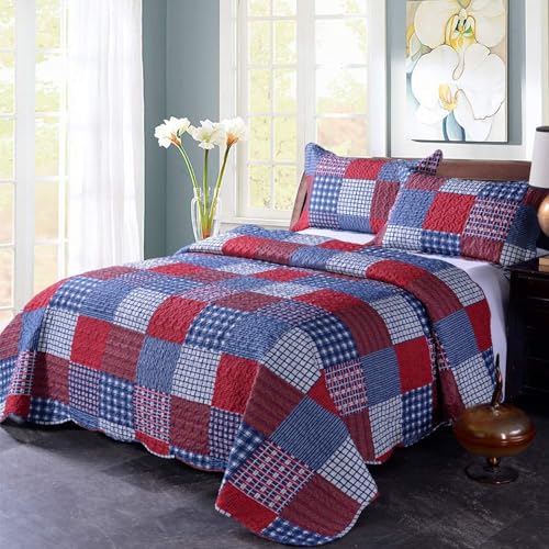 Ycosy Plaid Quilt Set King Size Country Patchwork Bedding Set Lightweight Reversible Bedspread Coverlet Set Red Blue Pliad Quilts Soft Home Collections with 2 Pillow Shams - color: Red Plaid Quilt, size: King