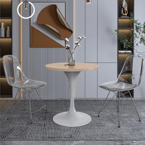LeisureMod Verve Mid-Century Modern 27 Inch Round Dining Table, MDF Wood Tabletop with White Steel Pedestal Base, Contemporary Kitchen & Dining Room, Small Space Breakfast Table, Light Natural Wood - color: Light Natural Wood, size: 27 inch Wide