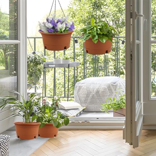 4 Pack 12 Inch Large Plastic Hanging Planters for Outdoor Plants | Plastic Hanging Basket Pots with Drainage Trays & Chain Holders for Outdoor Indoor Plants Garden Balcony Decor (Terracotta) - color: Terracotta, size: 12 Inch - 4 Pack