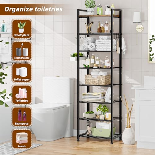 Simple Trending 8 Tiers Shoe Rack 16 Pairs Tall Wooden Shoe Shelf, Black | Wooden Plank Shoe Shelf, with Hooks for Closet Entryway, Sturdy Free Standing Shoe Storage Cabinet, 18"D x 11.37"W x 57.2"H - size: 8 Tiers