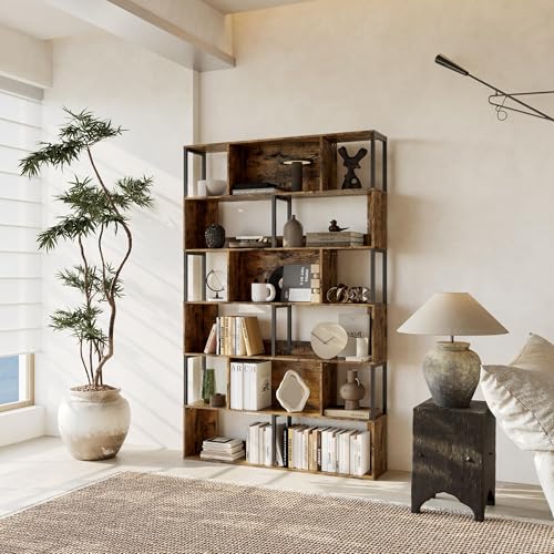 IDEALHOUSE 6-Tier Bookshelf, Tall Geometric Bookcase, Modern Room Divider & Display Shelf with Anti-Tipping Devices, Mid Century Bookshelf for Living Room - color: Brown