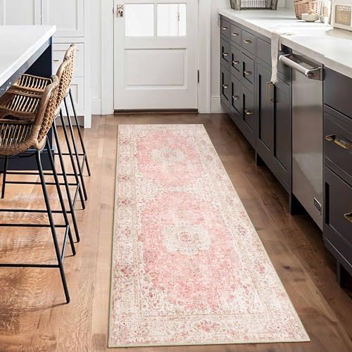 Washable Runner Rug 2'x6',Long Boho Pink Rug Runners for Hallways | Non Slip Rugs for Kitchen Bedroom Entryway Living Room Bathroom,Vintage Bohemian Distressed Floor Carpet,Blush - color: Pink, size: 2'x6'