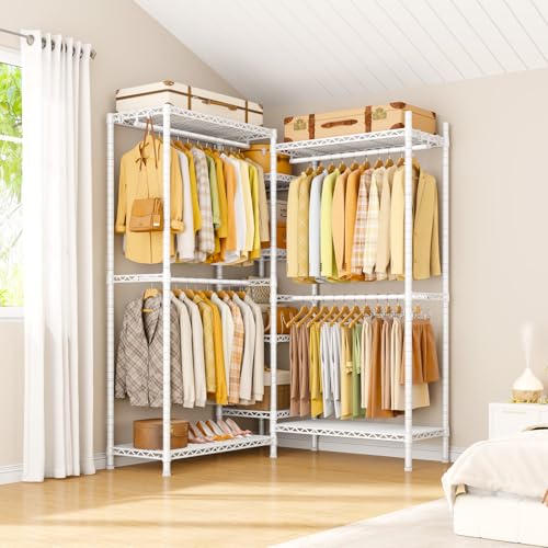 E4L L-shaped Clothing Rack for Corner, Heavy-Duty Freestanding Garment Rack, Metal Clothes Storage Organizer System with Shelves and Hangers, Max Load 962lbs, 42.7" W x 42.7" D x 79.3" H, White - color: White