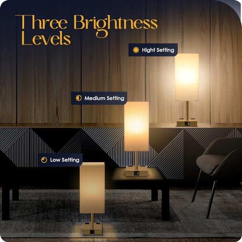 Bedside Lamp with USB Ports - Touch Control Table Lamp for Bedroom with USB C+A Ports & AC Outlets, 3 Way Dimmable Nightstand Light with Pleated Shade for Living Room(Bulb Included) - color: Pleated