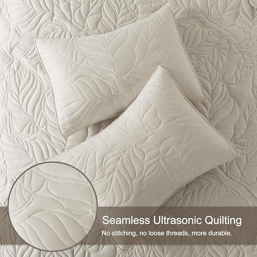 R.SHARE Beige Queen Size Quilt Set, Neutral Soft Lightweight Bedspread, Farmhouse Rustic Country Coverlet, Leaf Pattern Bedding with 2 Shams, 3 Pieces Spring Summer Thin Comforter - color: Beige, size: Queen (90"x90")