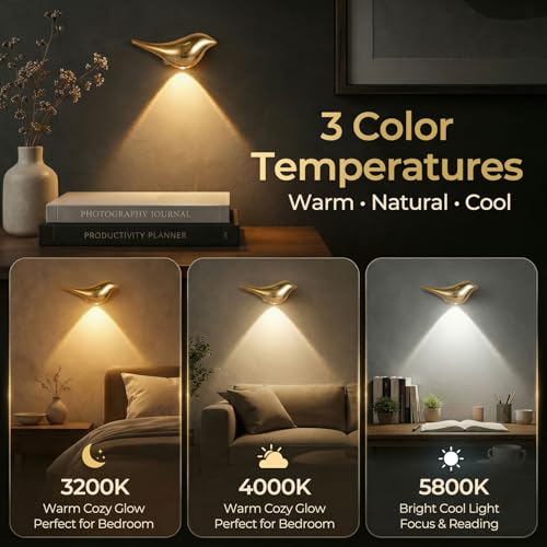 2-Pack Golden Bird Wall Light, Cordless Motion Sensor Night Light | Rechargeable magnetic bird sconce with soft 3-color glow for hallway, bedroom, stairs and nursery - color: Golden