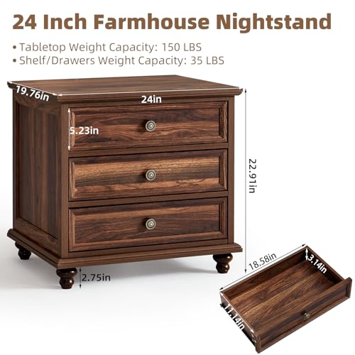 Joaxswe 24" Wide Farmhouse Night Stand,Large End Table with 3 Drawers & Metal Handle,Wood Dresser for Bedroom Cabinet, Bed Side Table Chest of Drawers,Brown Nightstand for Living Room,Close - color: Brown, size: 24"W (3 Drawers)