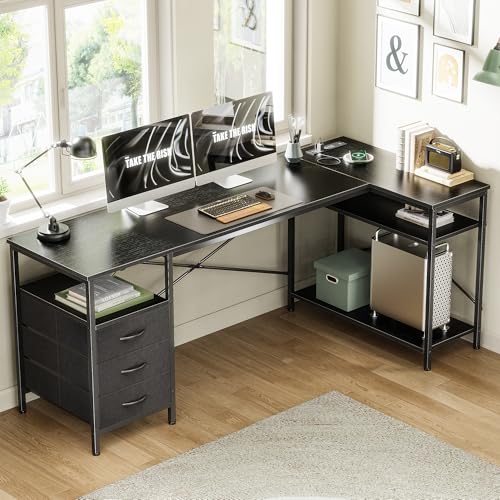 Huuger L Shaped Office Desk with Power Outlets & 3 Drawers | 63 Inch Reversible Computer Desk with Shelves, Home Office Table for Corner Work Study Writing Gaming, Black - color: Black, size: 63inch