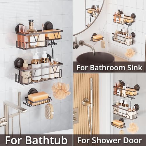 KEGII Shower Caddy Suction Cup 3 Pack, Bathroom Organizer Shelf, Bronze | Removable Rustproof Stainless Steel Rack with Soap Holder and Hooks, No Drill Shower Storage for Shampoo and Bathroom Items