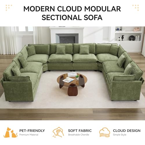 147'' Oversized U Shaped Cloud Sectional Sofa, Chenille Deep Seat Couches for Living Room, Comfy Upholstered Modular Sectional Sofa Couch, Green - color: Green, size: 147'' Oversized U Shape