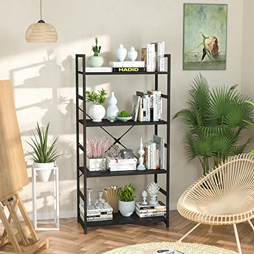 NUMENN 4 Tier Bookshelf, Tall Freestanding Open Storage Bookcase, Black | Storage Organizer with Metal Frame & Wood Shelves, Support Bars & Adjustable Feet for Bedroom, Living Room & Home Office - color: Black, size: 4 Tier