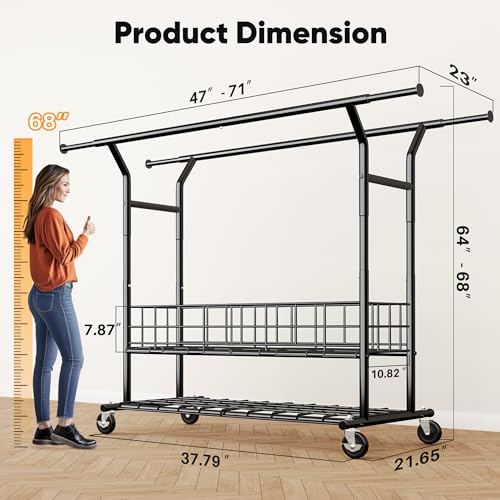 HOKEEPER Clothes Rack Load 635 LBS, Black Double Rod with Metal Basket | Heavy Duty Clothing Rack, Large Storage Space, with Wheels, Easy to Move & Assemble, 5 Years Sweet Service, 21.6"D*71"W*68"H - color: Black