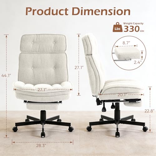 Criss Cross Chair with Wheels - Home Office Desk Chairs with Foot Rest, Morden Comfy Swivel Makeup Chair for Vanity, Ergonomic Cross Legged Office Chair with High Back & Wide Seat, White - color: White
