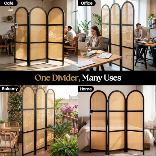 ELK & ELDER 3-Panel Room Divider | Folding Privacy Screen with Arched Dark Wood Frames and Light Woven Panels | Portable Divider for Home,Office, Living Room, Bedroom | 66" H x 56" W |Dark Wood/Beige