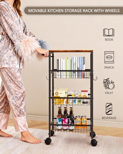 Rolling Utility Cart, 4-Tier Slim Narrow Storage Cart with Wheels for Kitchen, Laundry Room Organization, Metal Bathroom Organizer with Wood Top, Brown, 17.3" x 7.9" x 32.6"