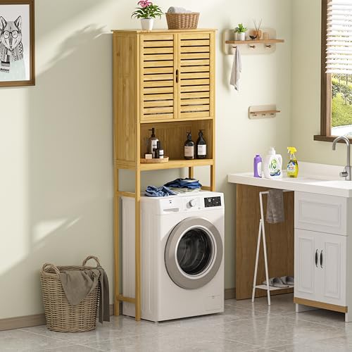 Yardenaler Over-The-Toilet Storage Shelf with Doors, Bathroom Freestanding Bamboo Organizer Space Saver with Adjustable Shelf, Natural - color: Natural