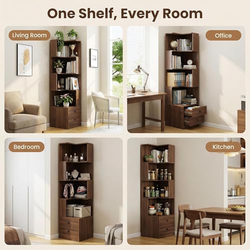 4 Tier Corner Bookshelf with Drawers, L Shaped Freestanding Corner Bookcase with LED Lights and Baffle, Space Saving Display Shelf for Living Room, Bedroom, Home Office, Kitchen(Walnut) - style: Walnut-with drawers