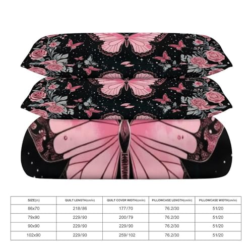 Boho Pink Butterfly Moon & Roses 3 Piece Reversible Bedding Set 79"x90",Double Sided Brushed Microfiber Duvet Cover Set with 2 Pillowcases Soft Breathable Comforter Cover for Home - color: Boho Pink Butterfly Moon & Roses, size: 79"x90"