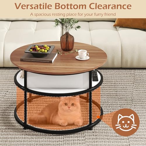 Tangkula Lift Top Coffee Table, 31.5” Round Center Table with Hidden Compartment & Side Shelves, 2-Tier Small Accent Cocktail Table for Small Spaces, Living Room, Apartment (Brown & White) - color: Brown & White