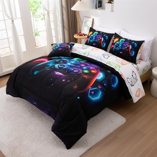 Aimuan Game Console Comforter Set for Boys Girls Kids Space Universe Gaming Geometric Lightweight Microfiber Gamer Bedding Sets (Black-Multi, Twin 6Pcs) - color: Black-multi, size: Twin(6Pcs)