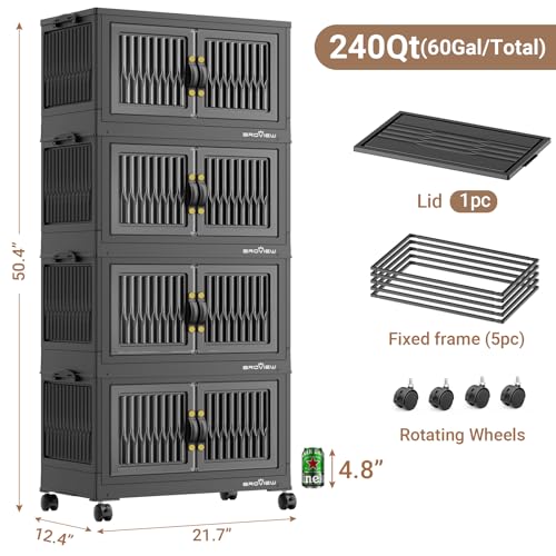 BROVIEW 240Qt Stackable Storage Bins with Lid for Home Dorm, 4Pack Black | Closet Organizers, Foldable & Collapsible Cabinets, Large Containers, Wheels & Magnetic Doors, Plastic Drawers for School - color: Black, size: 60QT-4Pack