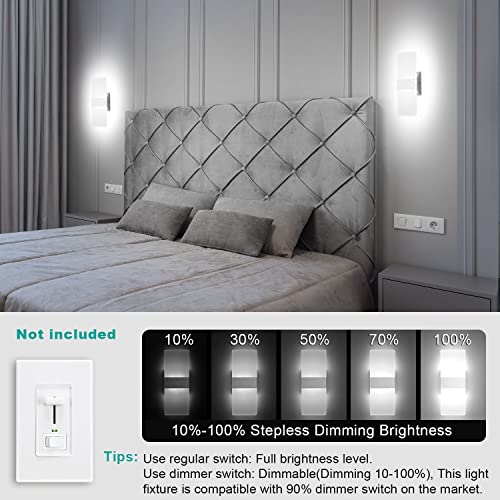 TRLIFE Modern Wall Sconces, Dimmable Wall Sconces Set of 2 Wall Mounted Lights 12W 6000K Cool White Hardwired Wall Sconce Lighting for Bedroom Bedside Living Room Stairway Hotel(2 Pack) - color: Cool White, size: Silver Brushed Aluminum