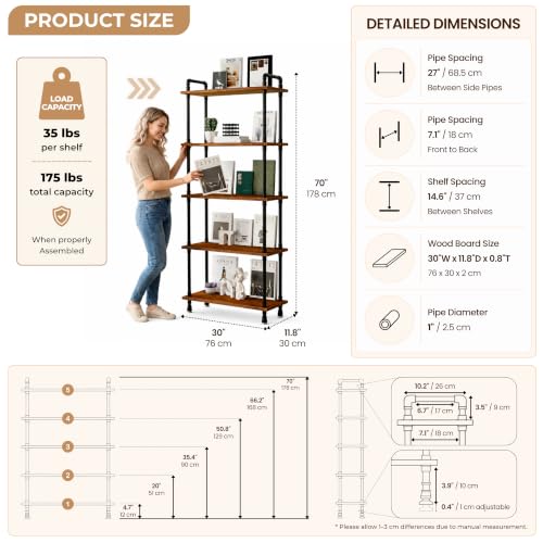 Industrial Bookshelf, Pipe Shelf Bookcase, 5 Tier, 30" Rustic Brown | Solid pine shelves, 30 inch wide, black pipe frame, 35 lbs per shelf, open bookcase for books, plants, office - color: Rustic Brown, size: 30"L × 70"H