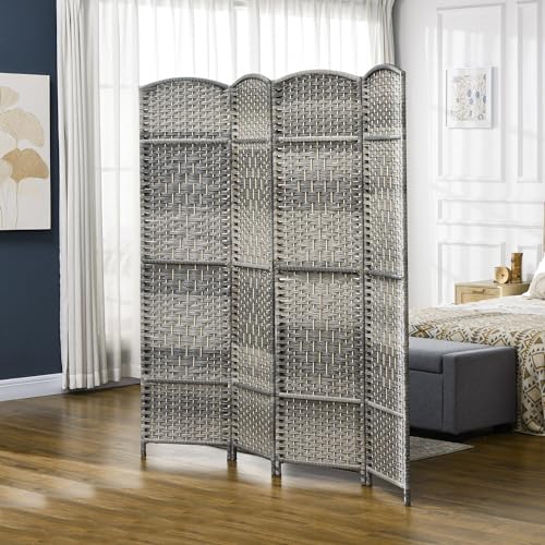 Folding Room Divider, 6Ft Tall Privacy Screen, Hand-Woven Wicker Style Freestanding Wall Partition for Home Office Bedroom, No Assembly Required - color: Mixed Gray, size: 4 Panel