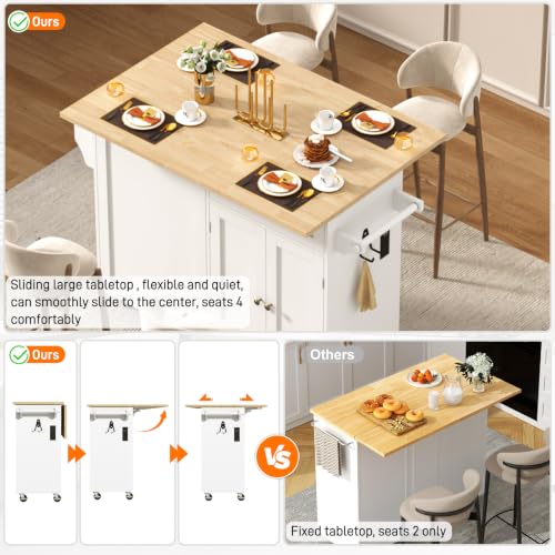 chartustriable 51" Kitchen Island with Drop Leaf,Kitchen Island Cart W/Rolling Trash Cabinet,Folding Drop Leaf,2 Drawers,Movable Carts on Wheels with Spice Rack&Towel Rack for Home, Dining Room,White - color: White, size: 29.5"D x 51.2"W x 35.8"H