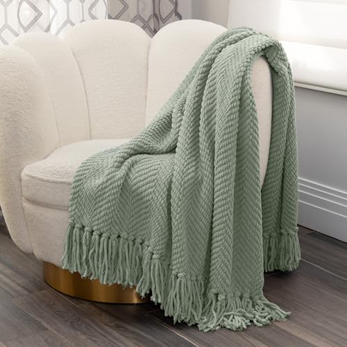 Nicole Miller Chloe Textured Soft Knit Throw Blanket with Tassels – for Home, Couch, Bed, Living Room - 50" x 60” (Sage) - color: Sage
