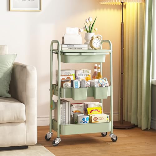 KINGRACK 3 Tier Metal Rolling Cart with Drawer, Green Utility Storage Cart | 2 Cups & 4 Hooks, Lockable Wheels, Trolley Organizer for Bathroom, Kitchen, Office, Nursery, Dorm, Laundry, Craft Room - color: Green