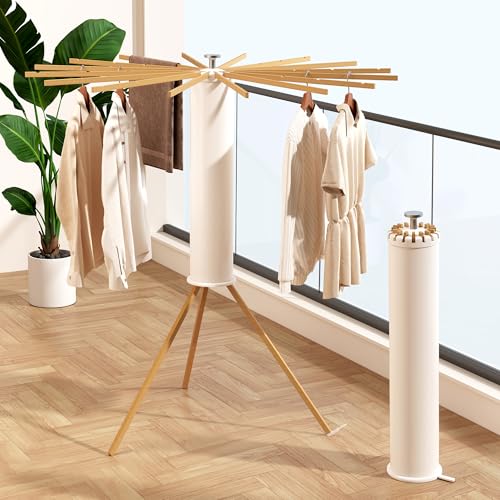 Heavy-Duty Wooden Tripod Clothes Drying Rack, 16 Rods, Large Capacity, 360° Airflow Umbrella Dryer, Foldable Space-Saving Floor Stand for Indoor Outdoor Use