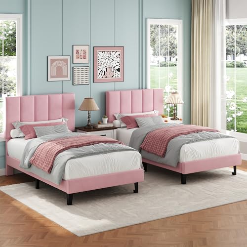Garvee Twin Size Bed Frame with Upholstered Headboard for Kids, Pink | Fully Velvet Upholstered Mattress Foundation with Height Adjustable Headboard, No Box Spring Needed, Easy Assembly - color: Pink, size: Twin