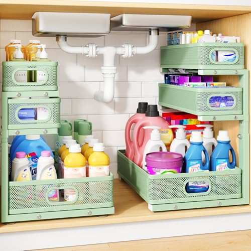 Under Sink Organizer, 3-Tier Thickened Metal Pull out Cabinet Organizer Shelf, Height Adjustable Slide out Storage Drawer Rack for Kitchen Bathroom Pantry Laundry Home Organization, 2-Pack, Green | 35% Extra Storage Capacity, Carbon Steel, Hold Up 55lbs,