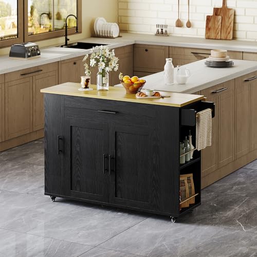 IRONCK 47 Inch Rolling Kitchen Island with Drop Leaf and Drawer, Black Oak | Engineered wood cart with adjustable shelving, enclosed storage, a drawer, spice rack, towel rack and locking casters. - color: Black Oak