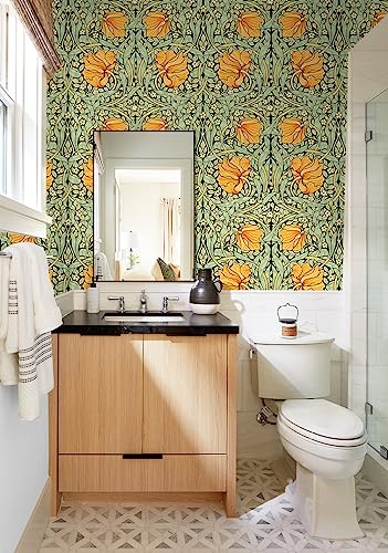 HAOKHOME William Morris Style Peel and Stick Wallpaper Art Deco Wall Paper | Green Black Yellow Textured Renter Friendly Removable Wall Paper Vintage Floral Bathroom Bedroom Contact Paper 17.3in x 9.8ft - color: Green/Yellow/Black, size: S: 17.3in x 9.8ft