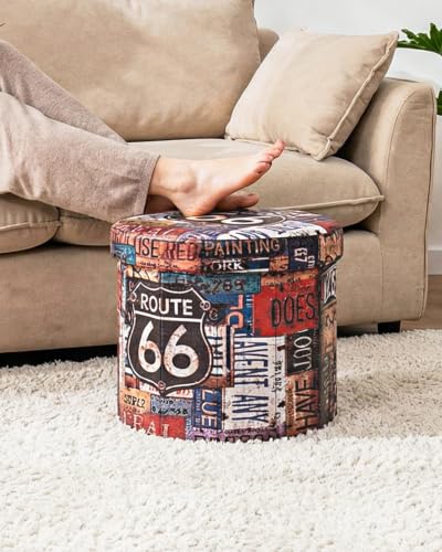 B FSOBEIIALEO Folding Storage Ottoman Round, Faux Leather Foot Rest Seat, Storage Organizer Chest 15" (Route 66 Barrel) - size: 15"D x 15"W x 13.2"H