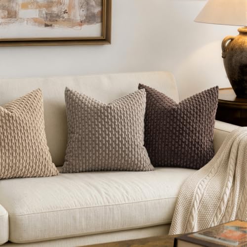 MIULEE Decorative Throw Pillow Covers 16x16 Neutral Brown Textured Corduroy | Pack of 2 Striped Pillow Covers Modern Farmhouse Fall Home Decor for Couch Bed Sofa Living Room - color: Brown, size: 16" x 16" (Pack of 2)