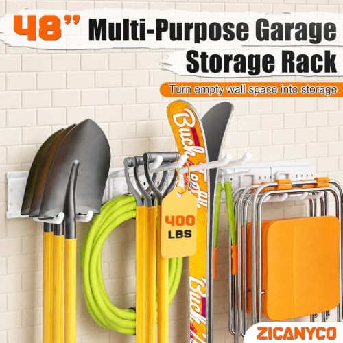 Garage Tool Organizer Wall Mount 49.5 inches with 10 Adjustable Heavy-Duty Hooks, Garage Organization, Garden Tool Storage Rack for Garage, Yard, Shed, Holds Up to 400 lbs, White - color: White, size: 48" | 3 Panels + 10 Hooks